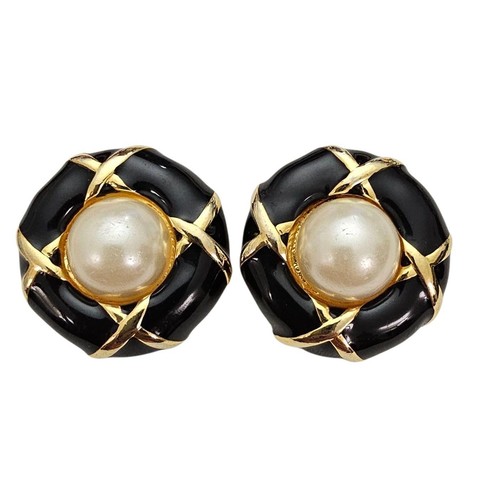 Black Gold Round Clip On Earrings, XO Design Faux Pearl - Picture 8 of 8