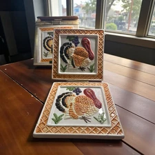 Hometrends Turkey Trivet Set of 2 Thanksgiving Ceramic 6" Square  w/Box