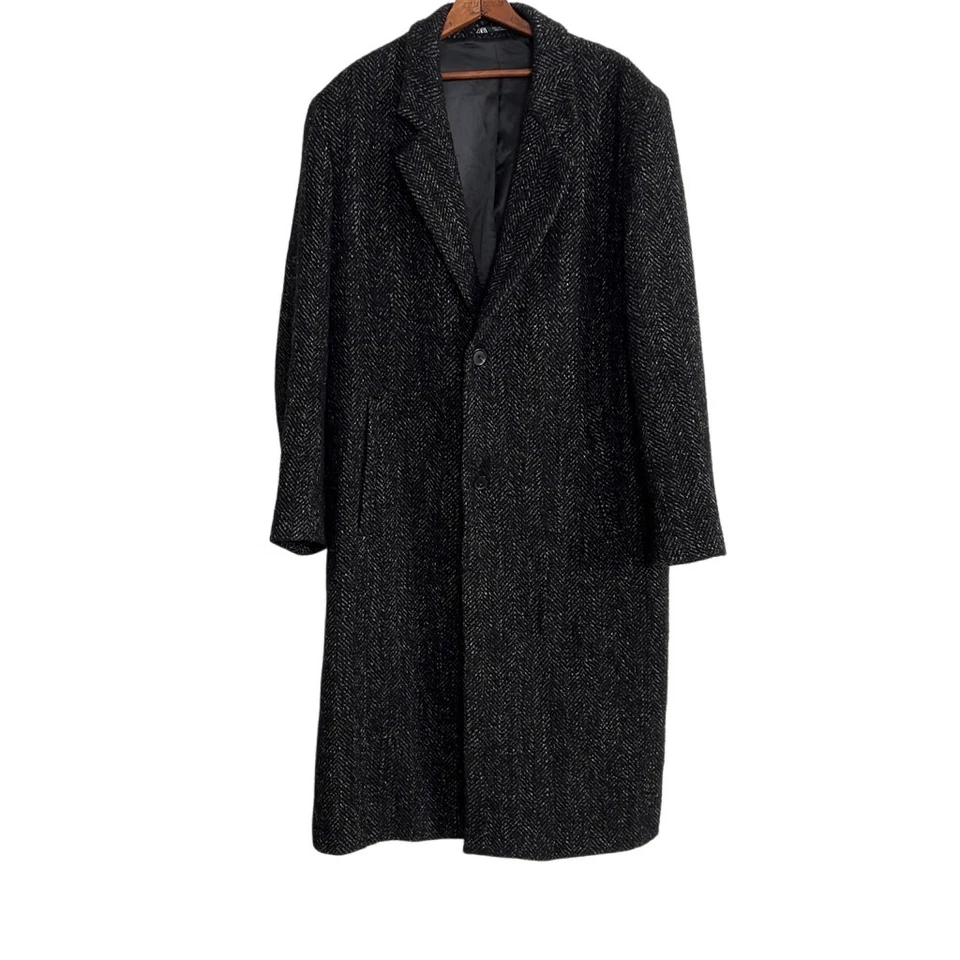Zara Herringbone Wool Blend Notch Lapel Tweed Fully Lined Long Coat Black Large - Image 2 of 4