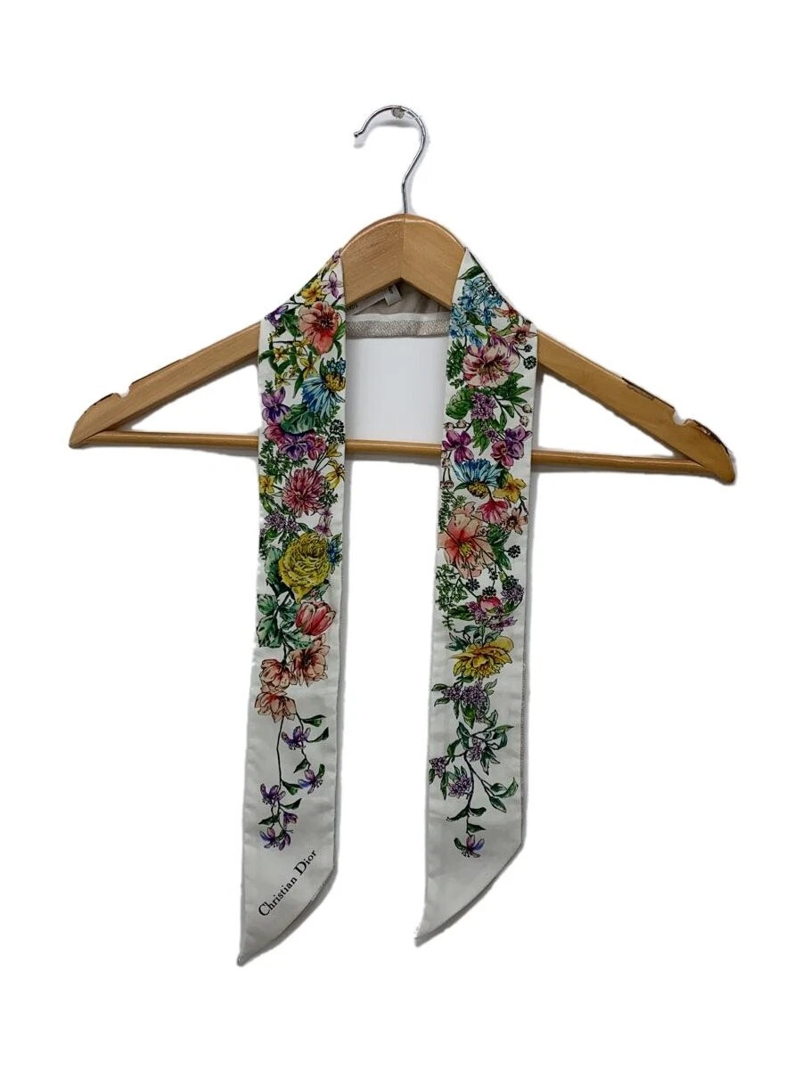 Christian Dior D Floral Mitza écharpe soie blanc ruban floral écharpe étroite 