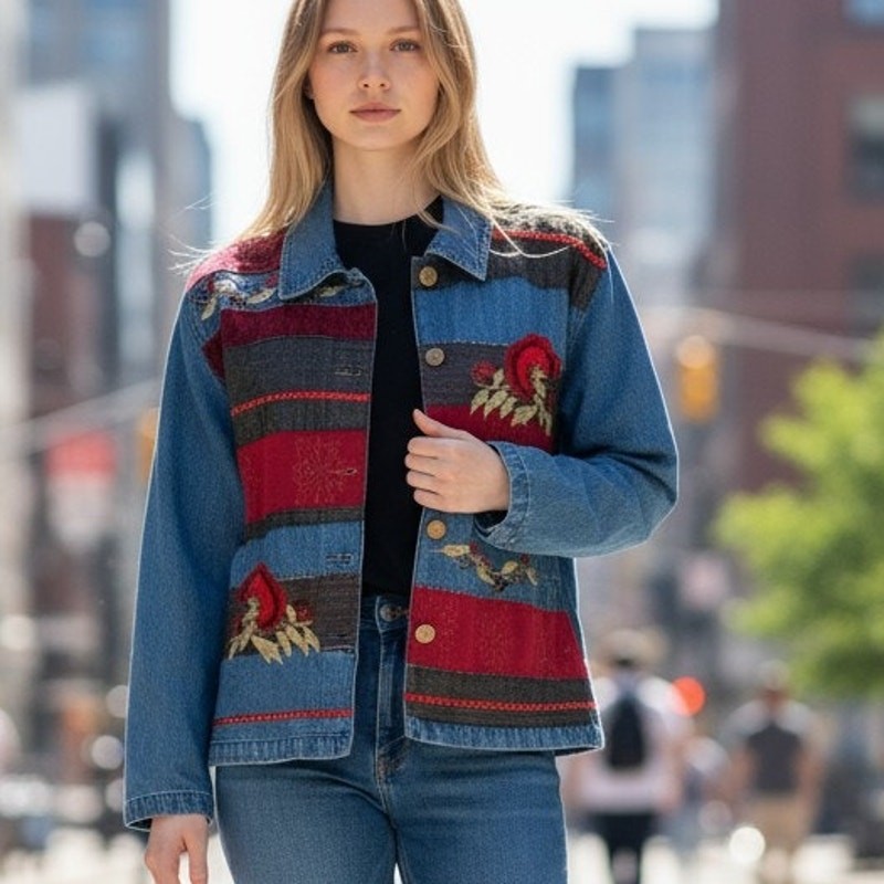 Vintage Patchwork Jean Jacket Blazer Embroidered … - image 13