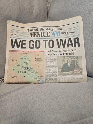 #ad Sarasota Herald Tribune Venice AM Newspaper quot;WE GO TO WARquot; Headline $36.00
