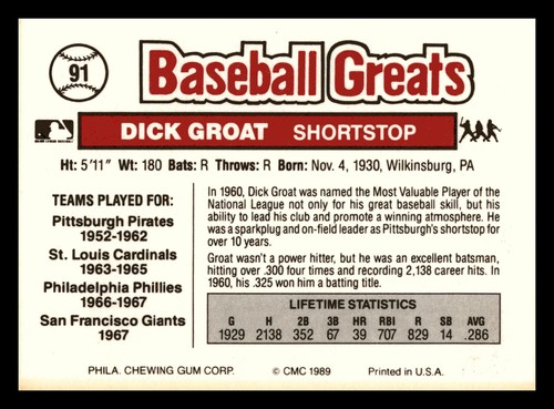 Dick Groat 1989 Swell Baseball Greats #91 Pittsburgh Pirates NM-MINT - Bild 2 von 2
