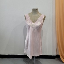 Vintage 90's Light Pink Satin Slip Dress With Floral Embroidery L