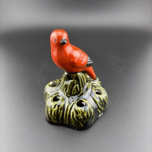 Vintage Brush McCoy Pottery Flower Frog With Red Bird Holder Figurine Hand Paint