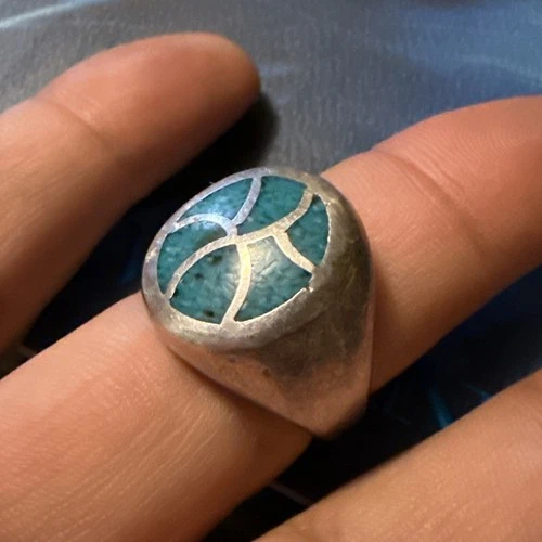 VINTAGE STAMPED NAVAJO STERLING SILVER AND TURQUOISE INLAY RING SIZE 9 1/2