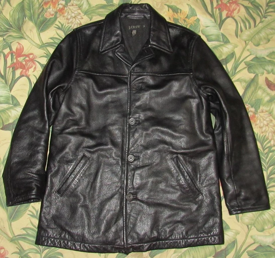 Vtg Y2K J CREW Black Wool Lined Leather Coat Jacket Medium - Image 2 of 4