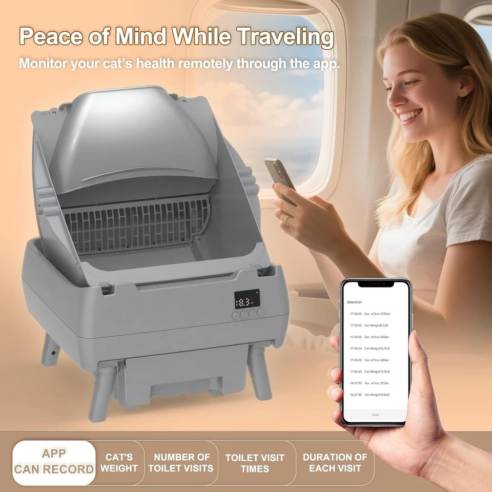 Caixa de areia automática para gatos autolimpeza - controle de aplicativo, design estilo aberto cinza - Imagem 3 de 4
