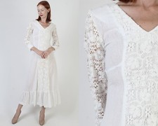 Vintage 70s White Prairie Dress Sheer Cotton Victorian Cottage Wedding Boho Gown