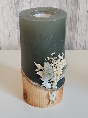 Stabkerze mit Zirbenholz und Trockenblumen mit eingelassenen Teelicht - Hochzeit