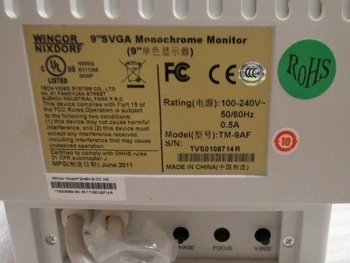 WINCOR NIXDORF 9in Super VGA Monochromatyczny monitor TM-9AF NOWY PN:1750025664 - Zdjęcie 2 z 11