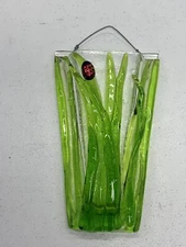 Fused Glass Bud Vase Hanging Mini Wall Pocket Blades Of Grass W/ladybug Signed