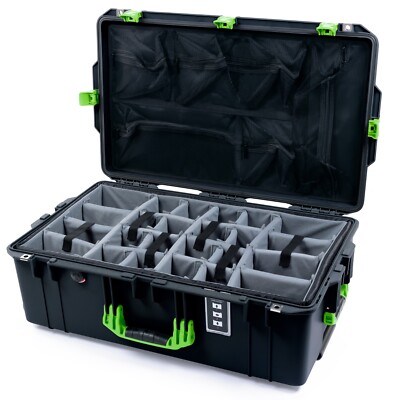 Black & Lime Green Pelican 1595 Air case. With grey dividers and lid organizer.