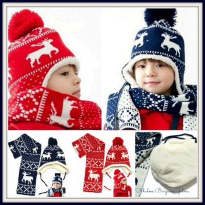 Winter Weihnachten Rentier Dicke Mütze & Schal Party Set Jungen Mädchen Unisex Blau Rot