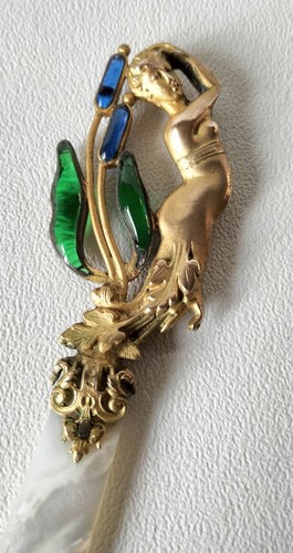 Art Nouveau Bronze Mother Of Pearl & Glass Lady Letter Opener Woman See Descrip. - Imagen 2 de 10