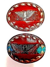 EAGLE Belt BUCKLE w Silver Buckstitching SM Handmade BROWN Leather Western/Biker