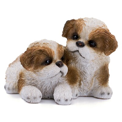 2 Brown White Shih Tzu Puppies Dog Figurine 5 5 Long Resin Statue New Ebay