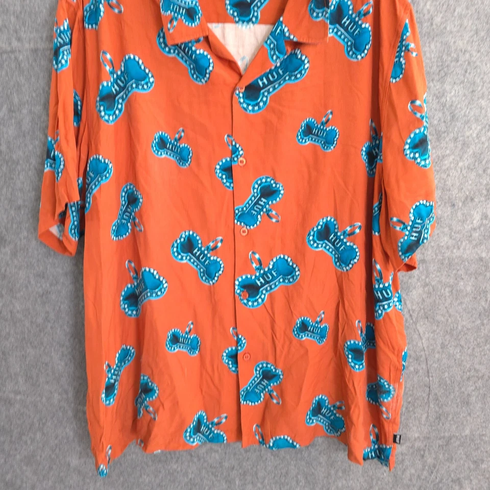 Camisa HUF Camp Cuello Abotonada Manga Corta Resort Patinador Para Hombre XL Perro Naranja Foto 2 de 4