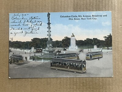 Postcard New York City NY Columbus Circle Monument Statue Trolley Intersection