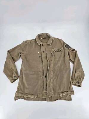 Free People Women's Military Embellished Distressed Light Jacket Beaded S  Tan