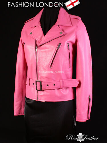 'MISSEY' Pink Ladies Biker Style Real Lambskin Designer Short Leather Jacket - Picture 1 of 11
