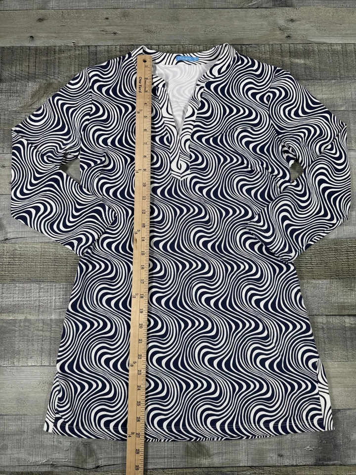 J McLaughlin платье женщин XS темно-синий белый волна печать длинным рукавом туника эластичной - Изображение 3 из 4