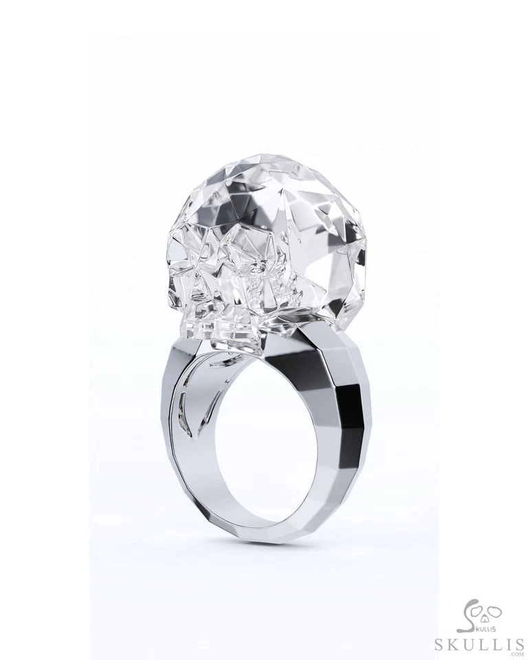 Anillo Calavera Gema de Cuarzo Facetado Cristal de Roca Tallado Calavera en Plata 925 Foto 2 de 3