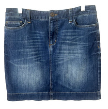 Eddie Bauer Dark Wash Blue Specially Dye Distressed Short Denim Jean Skirt Sz 8