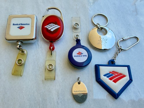 Lot of 6 Bank of America Retractable ID Holder Badge Reels Keychains Tag Mix