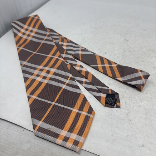 Burberry London Mens 100% Silk Plaid Tie Brown/ Orange - 95