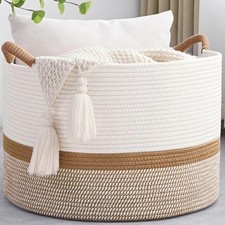 Large Blanket Basket, 20"x13" Woven Storage Baskets With Handle, Cotton Rope ...