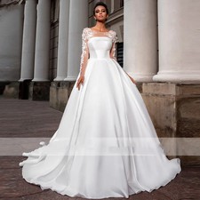 Satin Wedding Dress Long Lace Sheer Sleeve A‑Line Bridal Gowns With Chapel Train