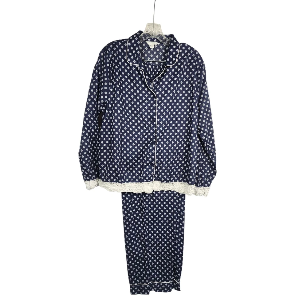 Conjunto de pijama/capri Charter Club 100% algodão 2 peças tamanho G acabamento em renda azul e branco - Imagem 2 de 4