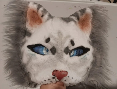 Gray White Cat Faux Fur Face Mask Adjustable Halloween Costume Adult Unisex