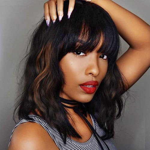 Black Mixed Brown 14 Inch Short Wavy Curly Hair Wigs with Bangs - Shoulder Le...