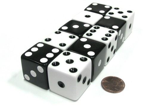 Set of 10 Inverse D6 25mm Large Opaque Jumbo Dice - 5 Each of White and Black - 第 1/2 張圖片