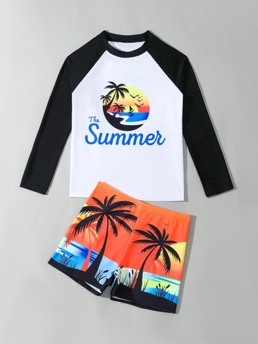 Boys Geometric Printed Swimsuit Set Sun Protection Long Sleeve Cute Bathing Suit - Picture 9 of 21