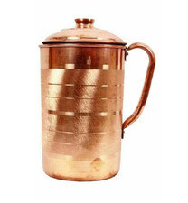 Inde Main Cuivre Cruche 1.5ltr Eau Potable Mise A Jour Couvercle Yoga Ayurveda