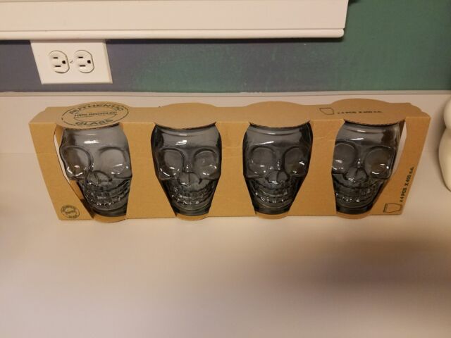 4 San Miguel Skull 5/" Glass Set Authentic 100/% Recycled Green Tint Halloween NEW