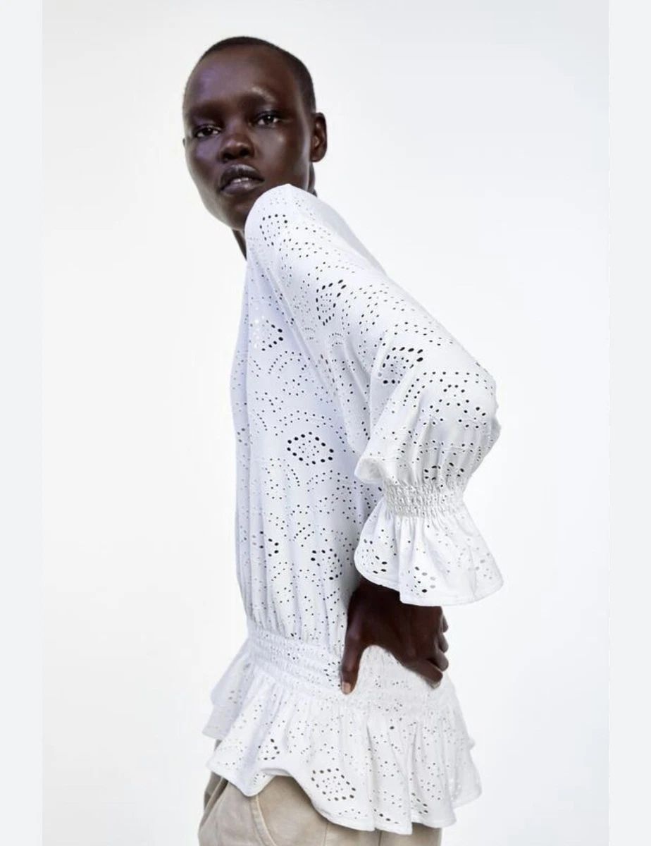 ZARA WOMEN TOP PERFORATED RUFFLE BLOUSE T SHIRTS Ivory Sz S eBay