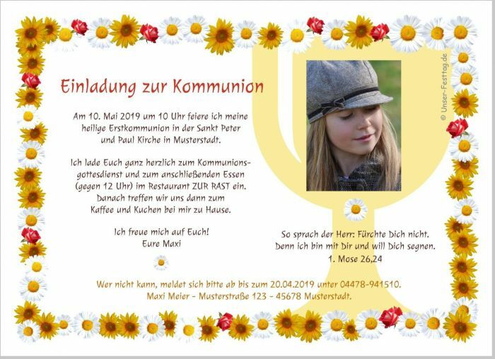Schöne Einladungskarten Kommunion mit Foto oder ohne, für Mädchen, Text ändern
