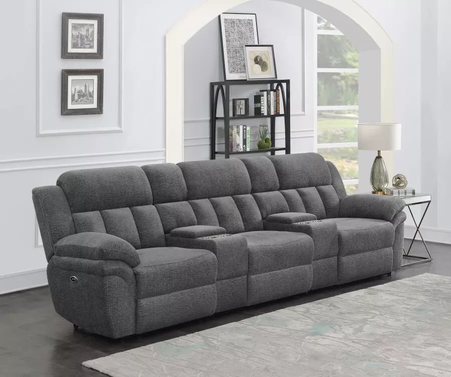 CHARCOAL GREY THREE 3 POWER RECLINER RECLINING SOFA THEATER