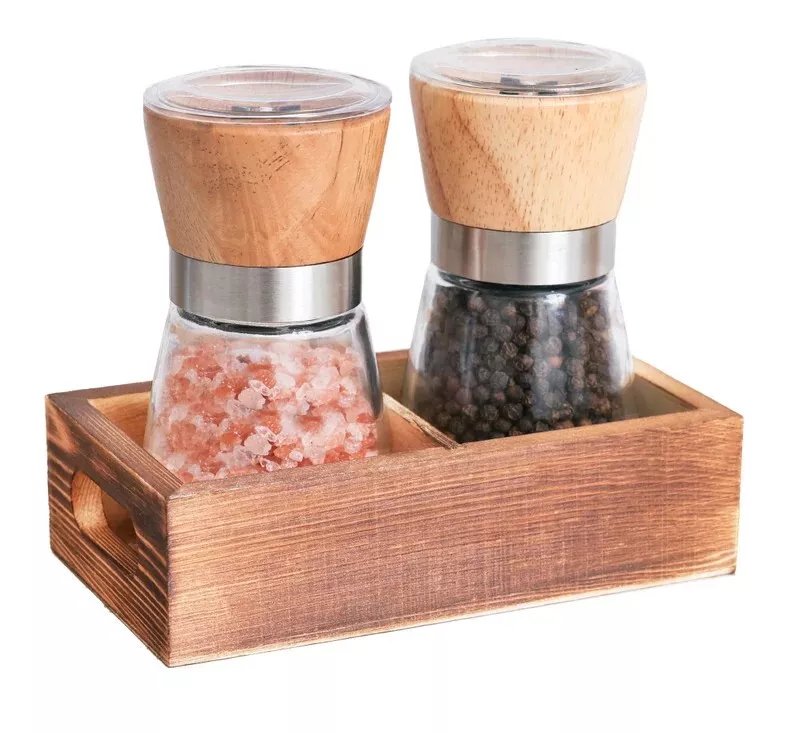 Wood Salt and Pepper Grinder Set with Holder, Manual Sea Salt