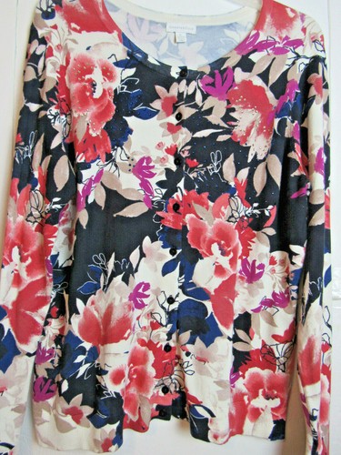 Womens Floral Button Down Sweater XL Beaded Rhinestones Excellent Charter Club - Picture 2 of 5