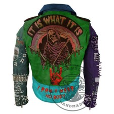 Handmade Men's Green Brando Multicolor Belted Gothic Steampunk Leather Jacket