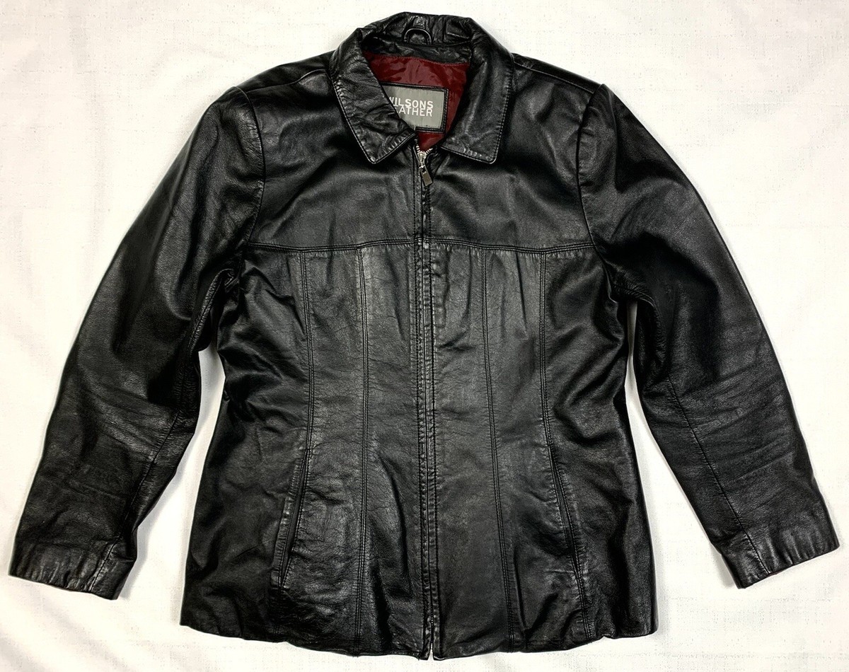 WILSONS Size L LEATHER ZIP JACKET BLACK + DEEP RED Lining WILSONS Size L LEATHER ZIP JACKET BLACK + DEEP RED Lining