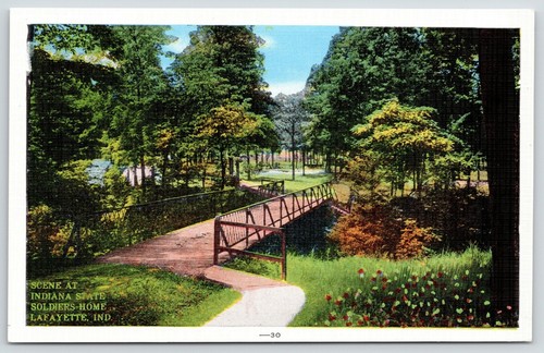 Lafayette Indiana~State Soldiers Home~Foot Bridge Across Creek~1940s Linen PC