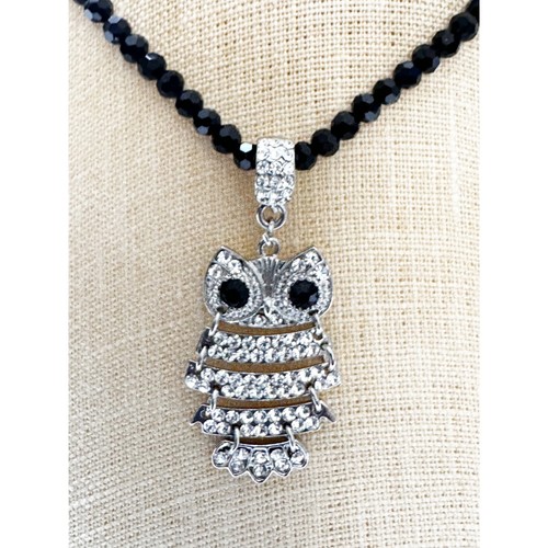 Owl Crystsal Black Beads Necklace 20” - Picture 7 of 7