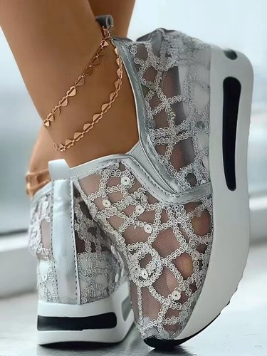 Women's Sneakers Floral Embroidery Mesh Sneakers Slip On Casual Comfy Heeled - Picture 23 of 53
