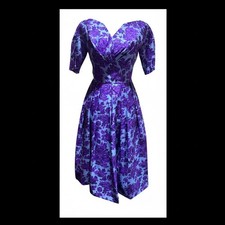 VTG 50's Purple Floral A Line Dress Deep V Neckline Rockabilly Full Swing